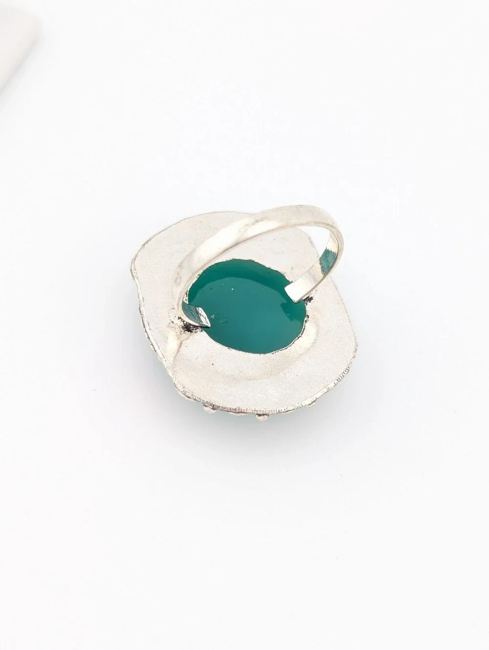 Teal Cabochon Silver Tone Statement Ring - 8 - N